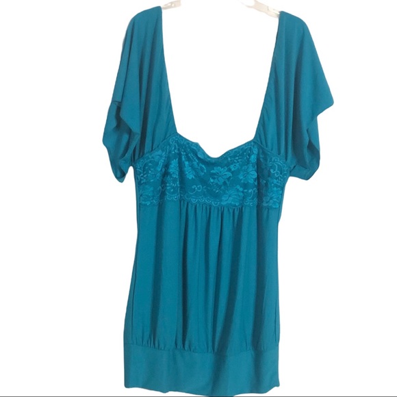Lia Lee Off The Shoulder Turquoise Blue stretch Lace soft silky Top Size L - Picture 1 of 12